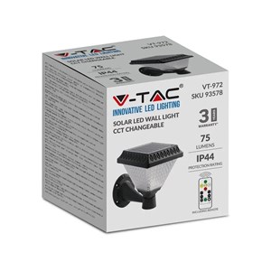 Kinkiet Ogrodowy V-TAC Solarny z pilotem 3w1 IP44 Czarny Kwadrat VT-972 3000K-4000K-6400K 75 3 Lata Gwarancji